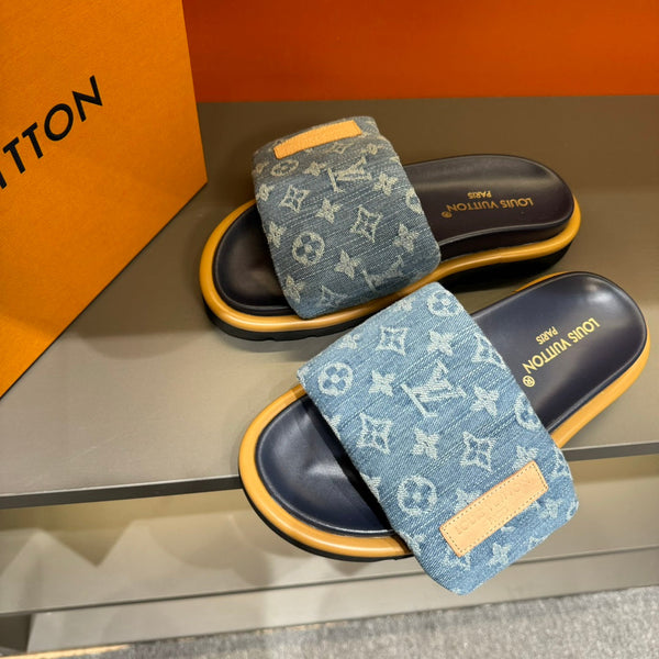 LV VELCRO SLIPPERS IN LIGHT BLUE MONOGRAM DENIM