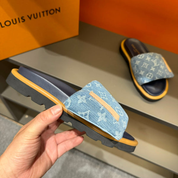 LV VELCRO SLIPPERS IN LIGHT BLUE MONOGRAM DENIM