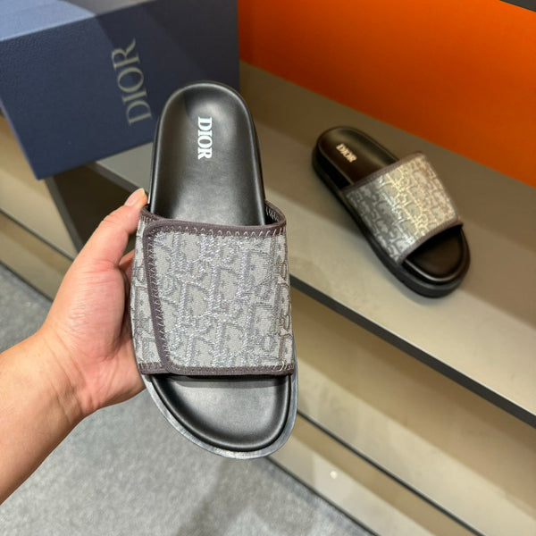 CD VELCRO STRAP SLIPPER GREY BLUE JACQUARD
