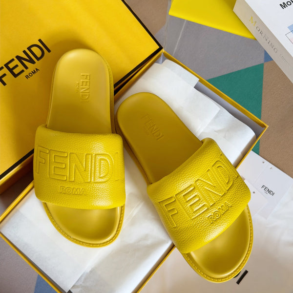 FENDI ROMA SLIDES IN SUNSHINE YELLOW FUSSBETT LAMBSKIN