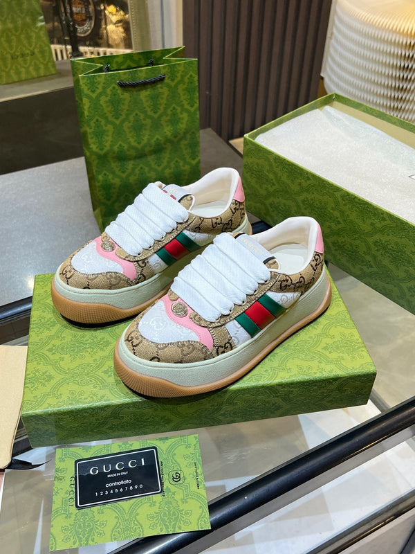 GG Men's Screener Sneaker Brown White Canvas Sheepskin 523601