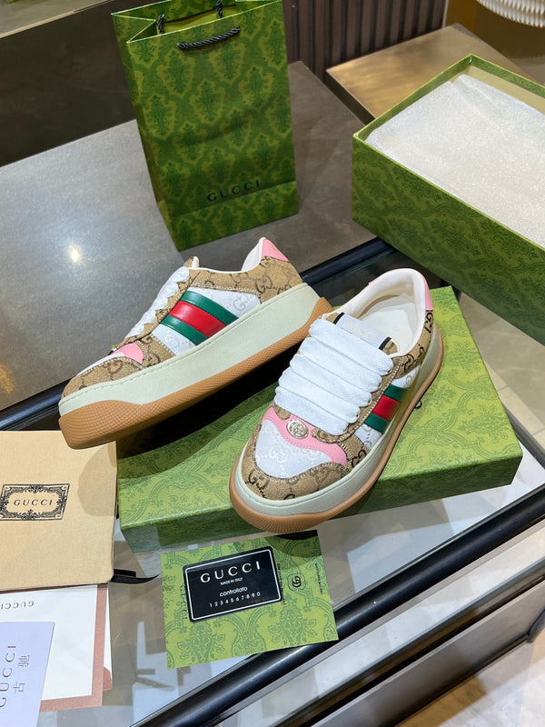 GG Men's Screener Sneaker Brown White Canvas Sheepskin 523601