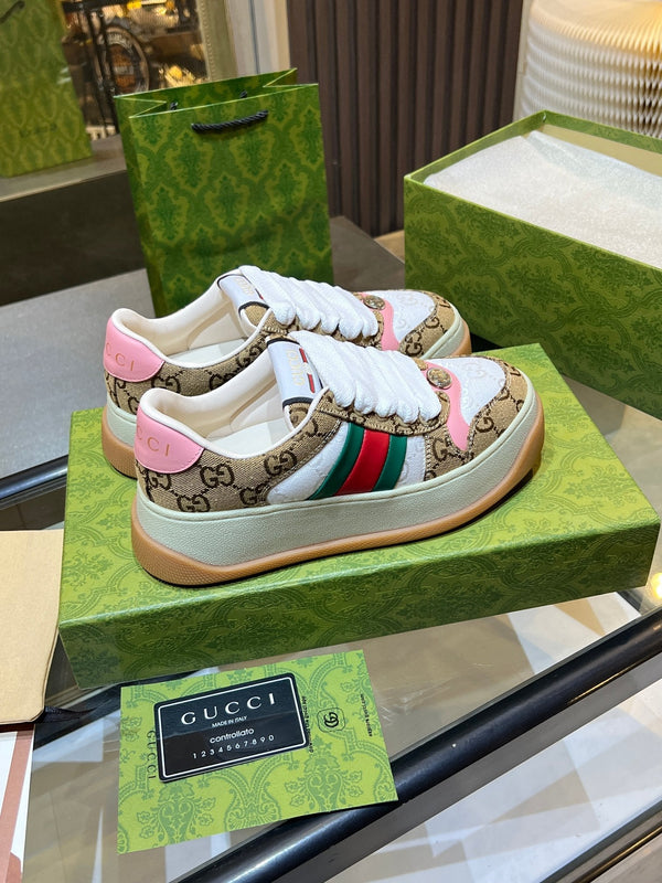 GG Men's Screener Sneaker Brown White Canvas Sheepskin 523601