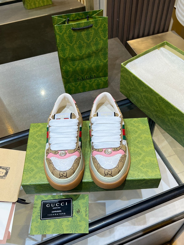 GG Men's Screener Sneaker Brown White Canvas Sheepskin 523601