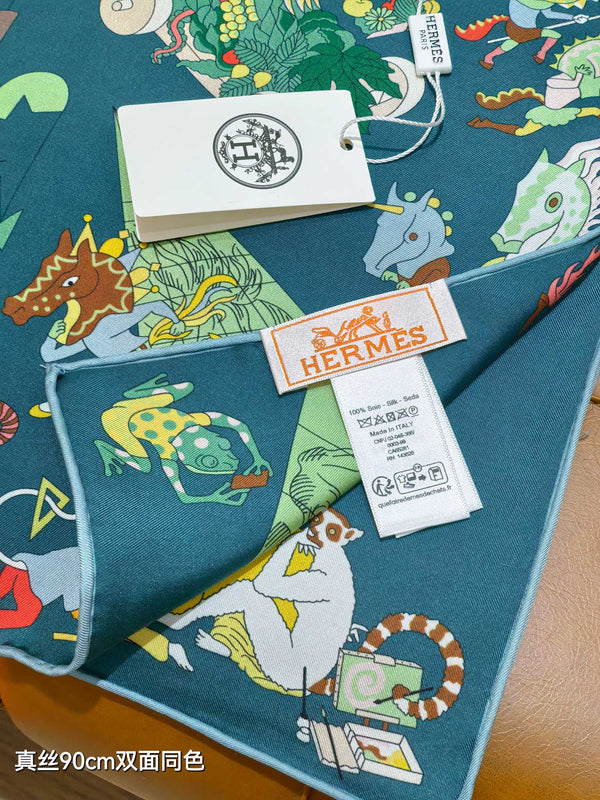 HM Academia Hippica Scarf 90x90cm Teal Green Colorful Twill Silk 304590
