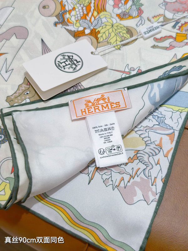 HM Academia Hippica Scarf 90x90cm Cream Colorful Twill Silk 304593
