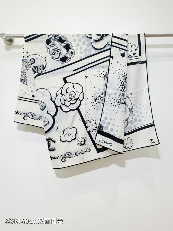 CC 25 Camellia Scarf 140CM White Black Cashmere 293083
