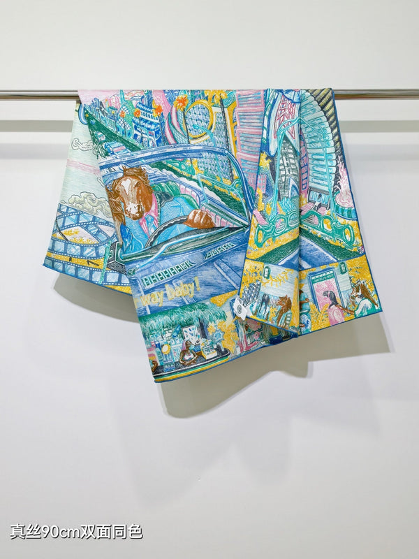 HM City of Light Scarf 90x90 Light Blue Colorful Twill Silk 198475