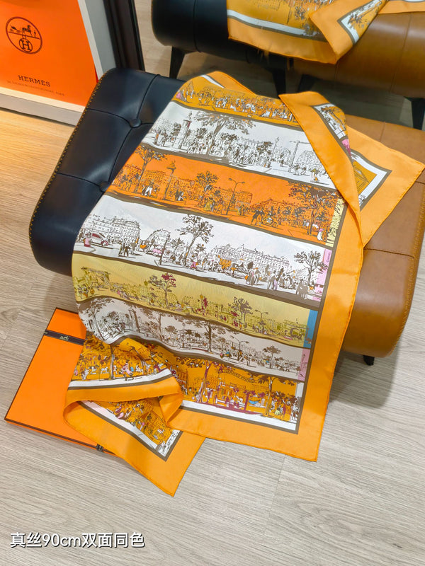 HM A l'Ombre des Boulevards Scarf 90x90cm Orange Yellow Twill Silk 303275