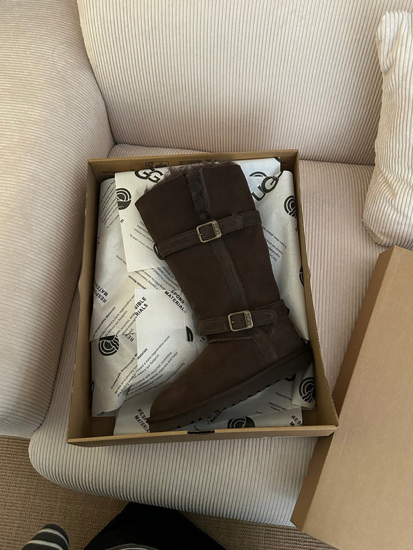 UGG Platform Foldable Tall Boots Dark Brown Suede Shearing