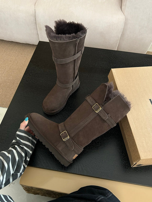 UGG Platform Foldable Tall Boots Dark Brown Suede Shearing