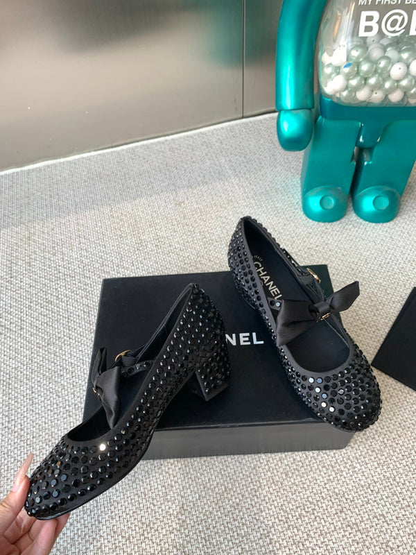 CC MARY JANES SHOES IN BLACK SATIN WITH RHINESTONES