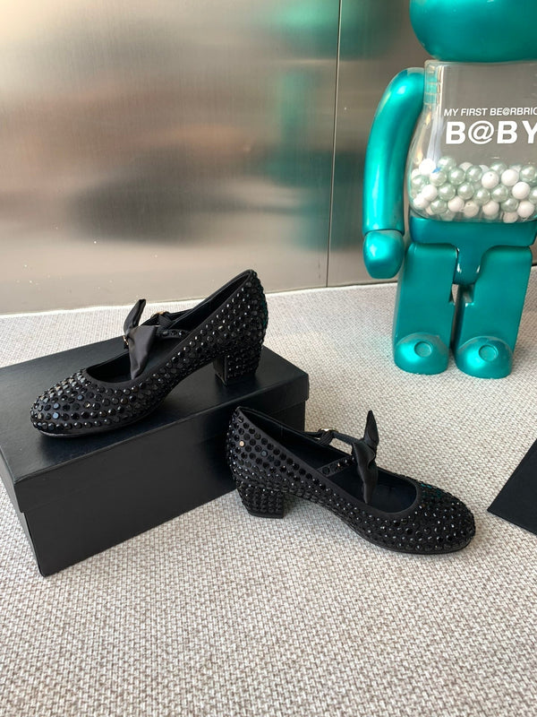 CC MARY JANES SHOES IN BLACK SATIN WITH RHINESTONES