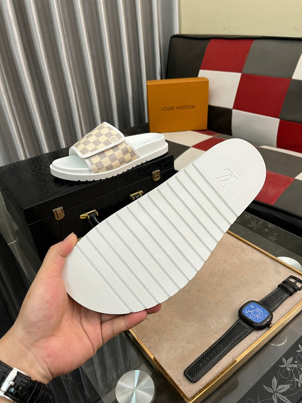 MIAMI MULE IN BEIGE CREAM DAMIER JACQUARD