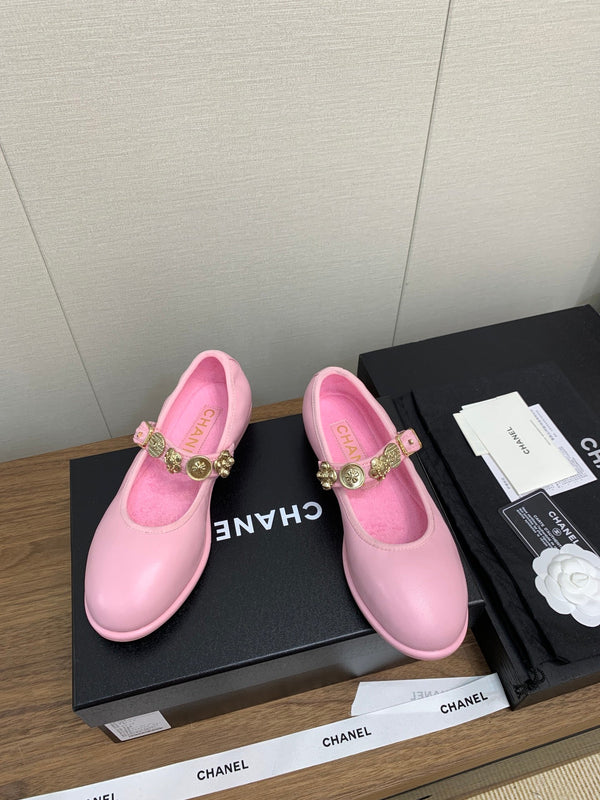 CC MARY JANES PINK CALFSKIN LIGHT GOLD METALIC