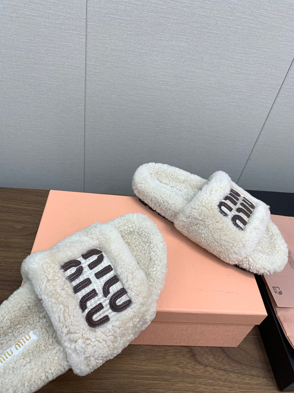 Miu Slippers Retro White With Brown Lettering Pure Wool