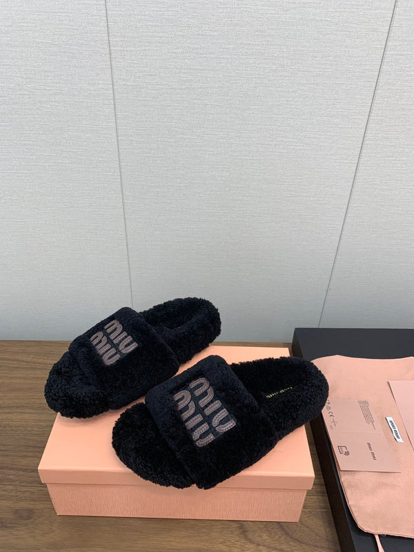 Miu Slippers Black With Brown Text Pure Wool