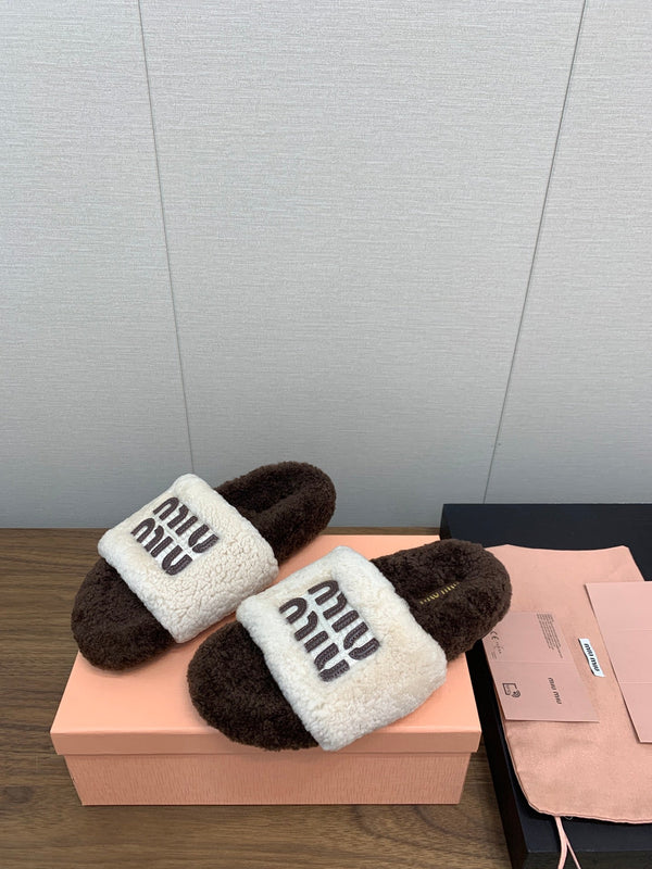 Miu Slippers Brown Mixed With White With Brown Lettering Pure Wool