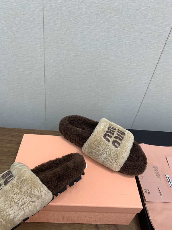 Miu Slippers Earth Brown Mixed With Light Brown With Brown Letters Pure Wool