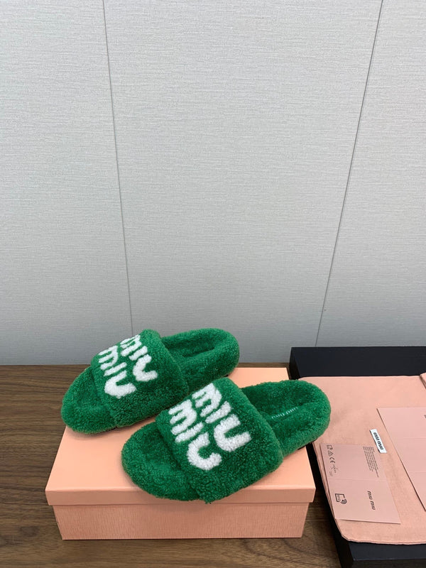 Miu slippers Green With White Lettering Pure Wool
