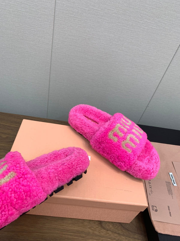 Miu slippers Pink With Light Brown Lettering Pure Wool
