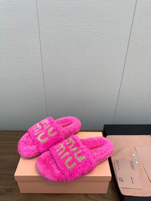 Miu slippers Pink With Light Brown Lettering Pure Wool