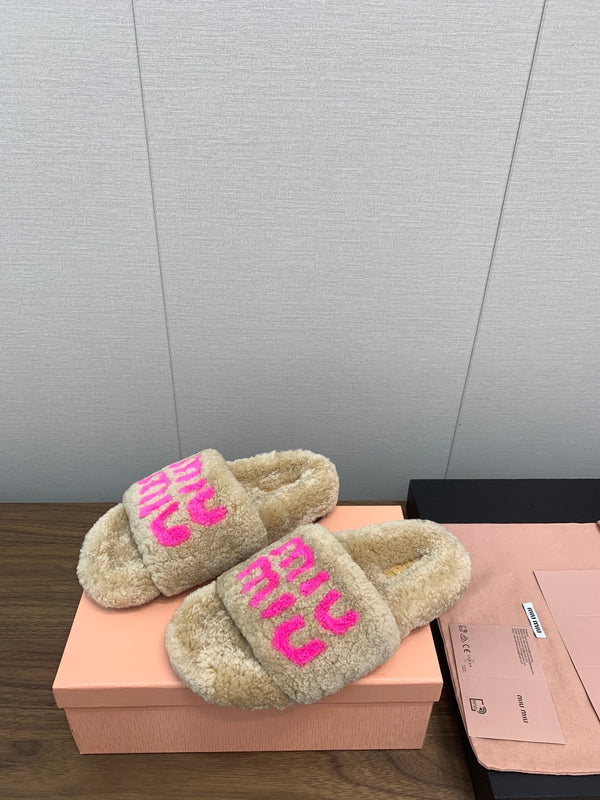Miu slippers Light Brown With Pink Lettering Pure Wool