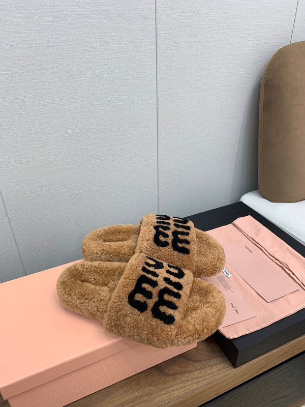 Miu slippers Saddle Brown With Black Lettering Pure Wool