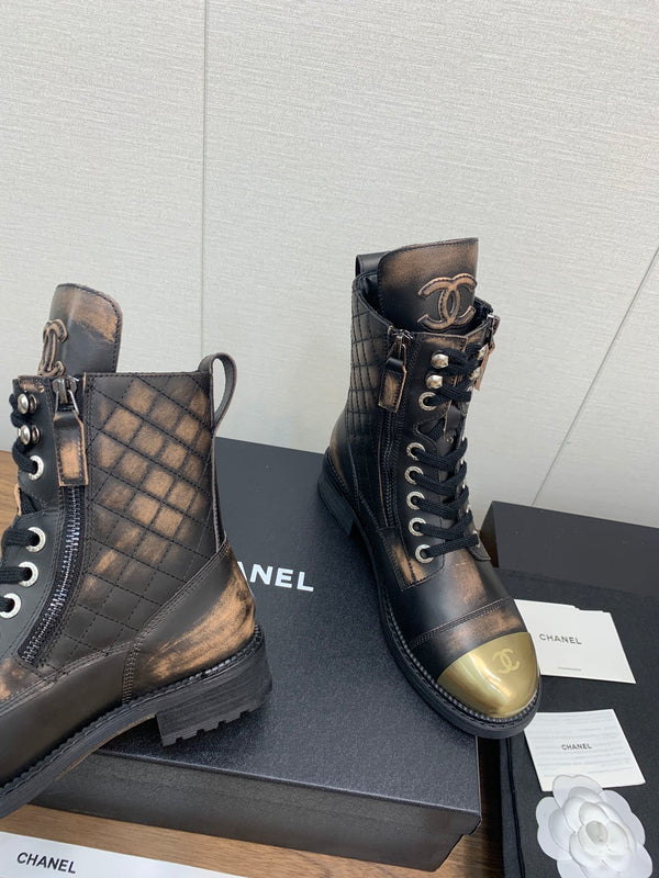 CC Short Boots Brown Black Yellow Cowhide