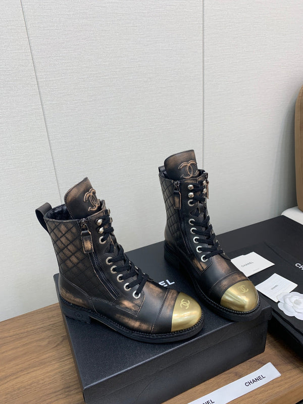 CC Short Boots Brown Black Yellow Cowhide
