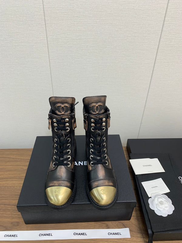 CC Short Boots Brown Black Yellow Cowhide