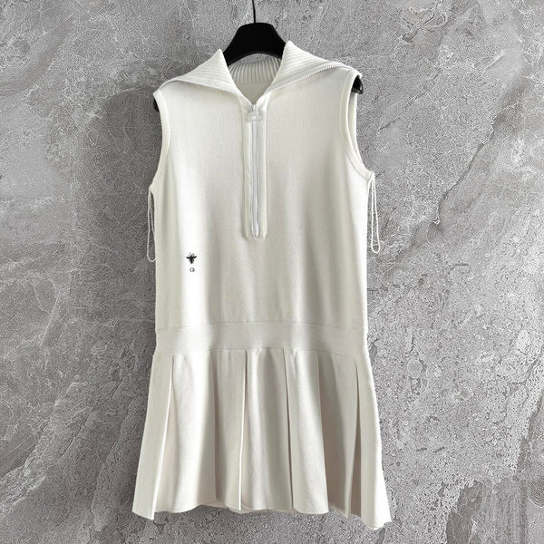 CD Collar Pleated Dress White Viscose