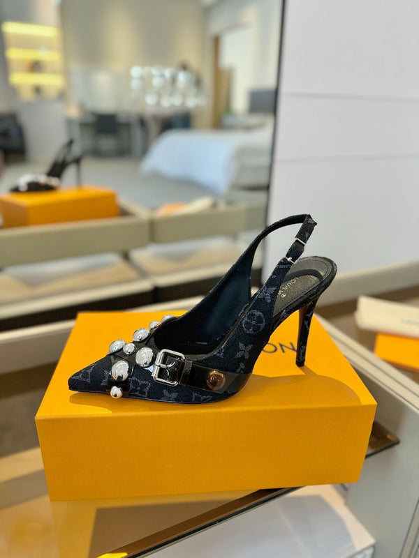 HIGH HEELS 95 MM IN BLACK MONOGRAM DENIM WITH CRYSTALS