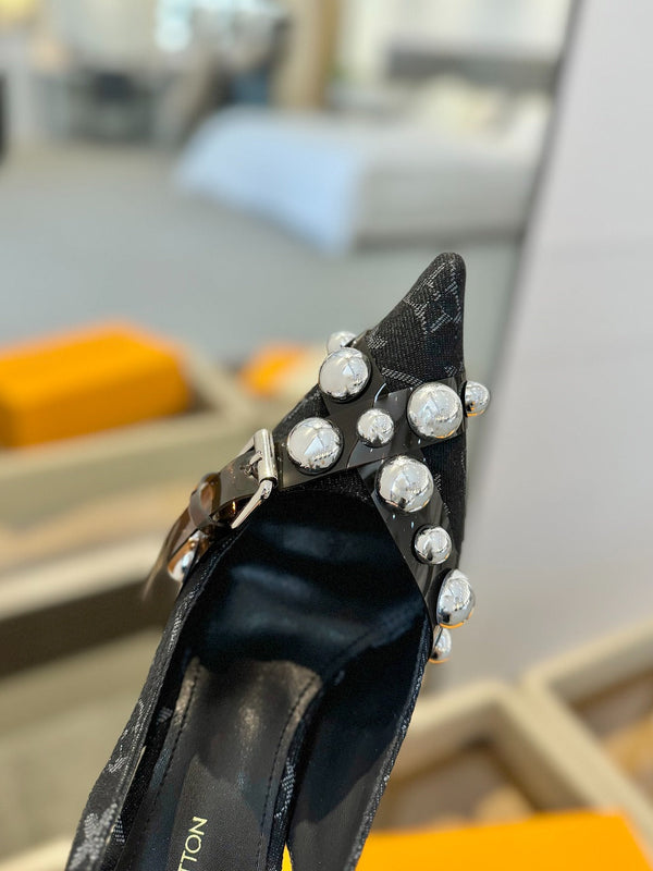 HIGH HEELS 95 MM IN BLACK MONOGRAM DENIM WITH CRYSTALS