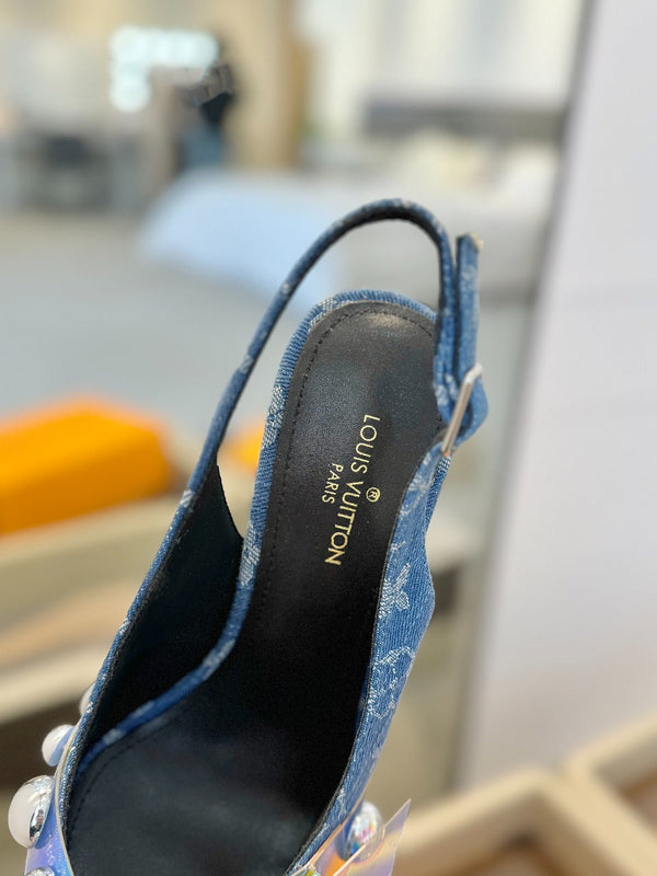 HIGH HEELS 95 MM IN CLASSIC BLUE MONOGRAM DENIM WITH CRYSTALS