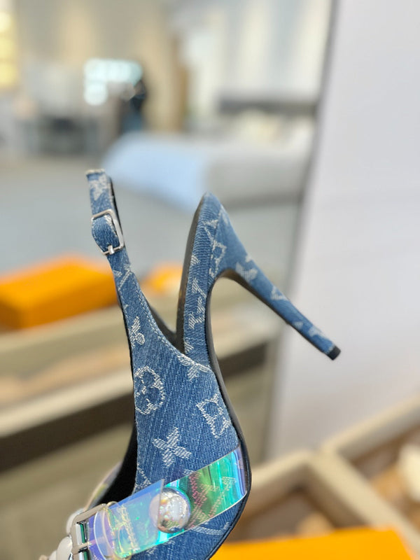 HIGH HEELS 95 MM IN CLASSIC BLUE MONOGRAM DENIM WITH CRYSTALS