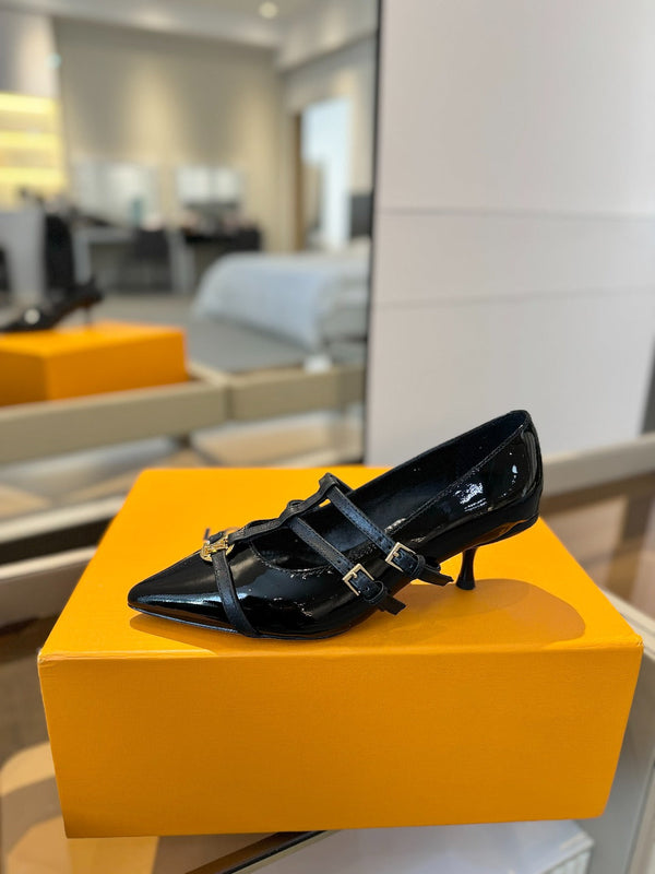 HIGH PUMP 5 CM TRIPLE-STRAP IN BLACK PATENT CALFSKIN