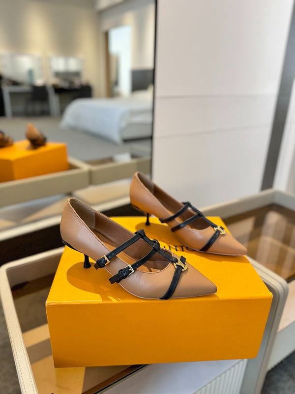 DÉCOLLETÉ ALTO 5 CM CON TRIPLO CINTURINO IN PELLE DI VITELLO MARRONE SIDRO E CINTURINO NERO