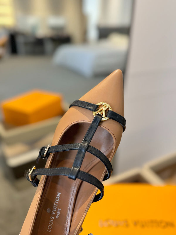 DÉCOLLETÉ ALTO 5 CM CON TRIPLO CINTURINO IN PELLE DI VITELLO MARRONE SIDRO E CINTURINO NERO