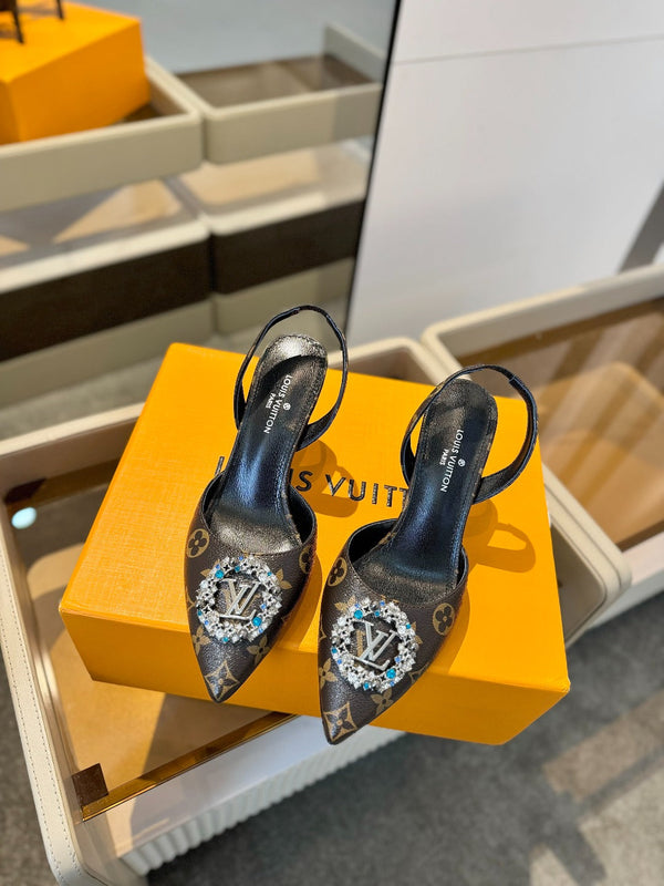 HIGH HEEL 75 MM SLINGBACK IN CHOCOLATE BROWN MONOGRAM CALFSKIN WITH CRYSTAL