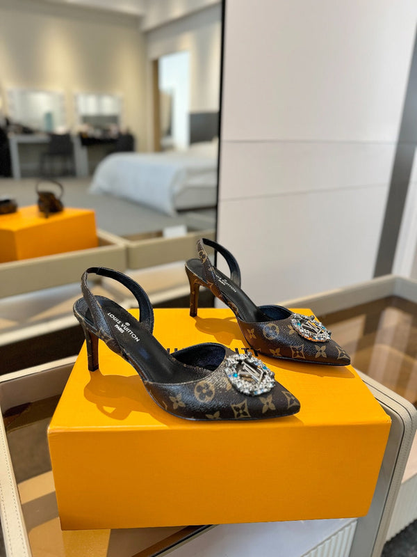 HIGH HEEL 75 MM SLINGBACK IN CHOCOLATE BROWN MONOGRAM CALFSKIN WITH CRYSTAL