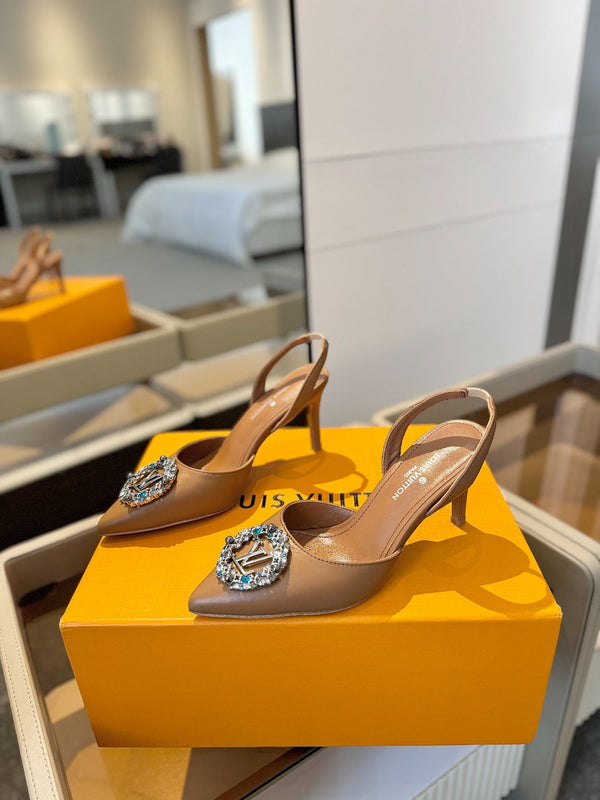 HIGH HEEL 75 MM SLINGBACK IN BRONZE BROWN CALFSKIN WITH CRYSTAL