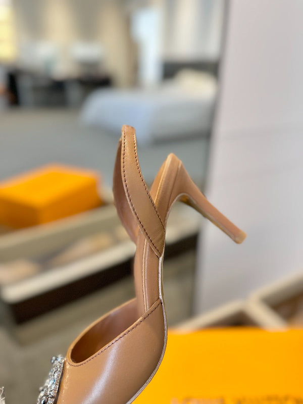 HIGH HEEL 75 MM SLINGBACK IN BRONZE BROWN CALFSKIN WITH CRYSTAL