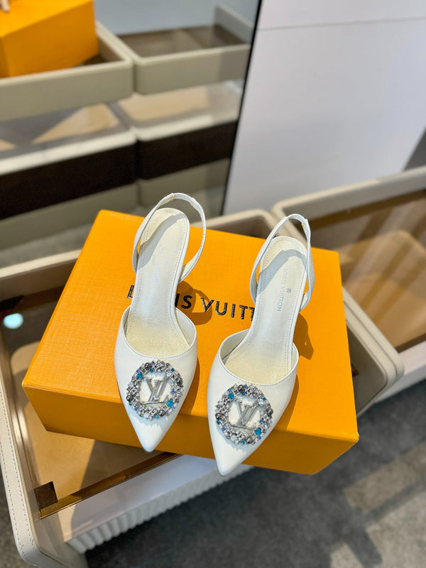 HIGH HEEL 75 MM SLINGBACK IN WHITE CALFSKIN WITH CRYSTAL