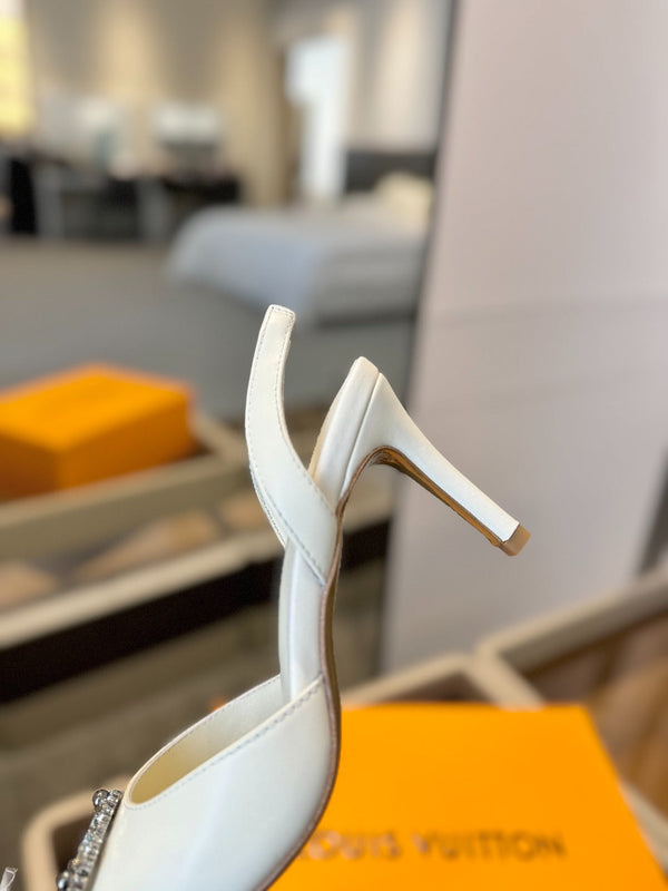 HIGH HEEL 75 MM SLINGBACK IN WHITE CALFSKIN WITH CRYSTAL