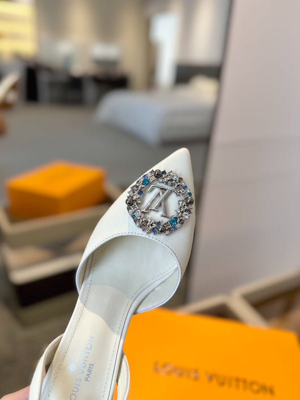 HIGH HEEL 75 MM SLINGBACK IN WHITE CALFSKIN WITH CRYSTAL