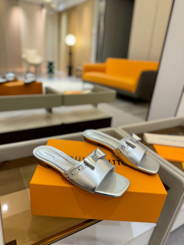 LV x TM 6AM Flat Mule Silver Metallic Sheepskin 241221