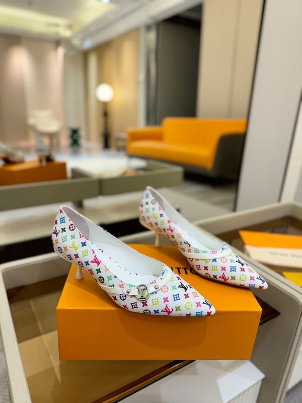 6AM 4cm Scarpe con tacco in tela monogramma bianca e pelle verniciata 241193