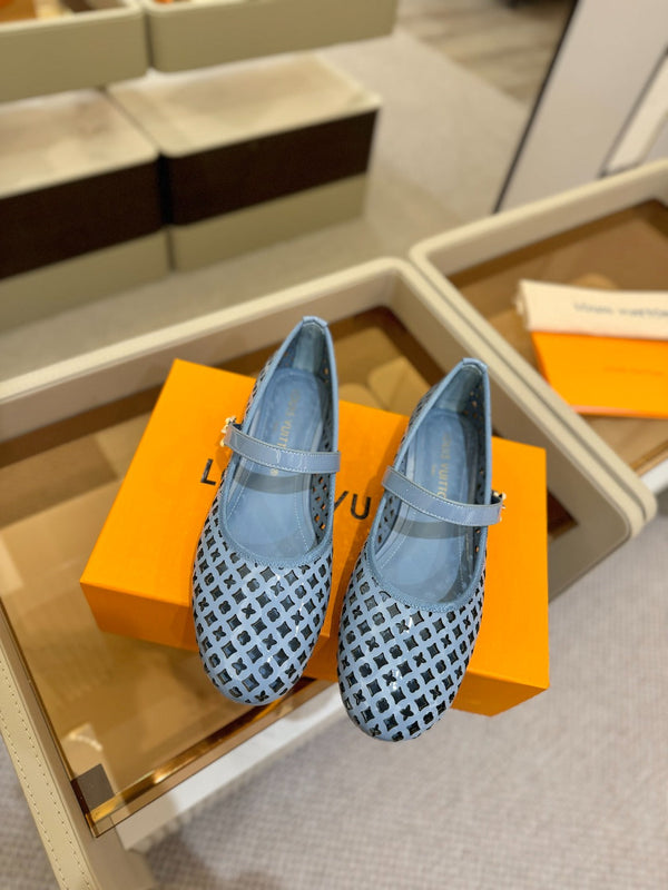 Romy Flat Ballerina Light Blue Perforated Patent Calf Leather 241229