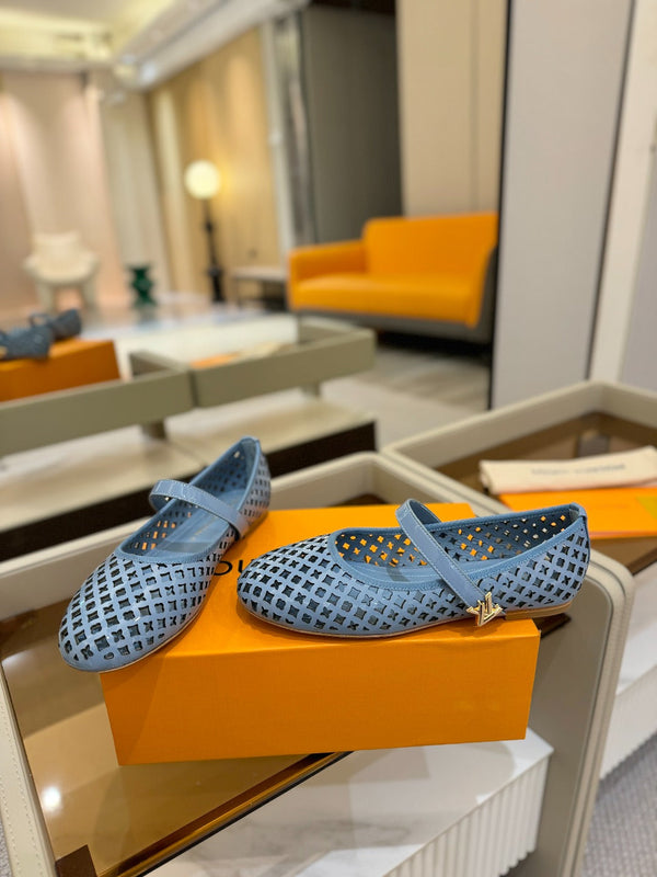 Romy Flat Ballerina Light Blue Perforated Patent Calf Leather 241229